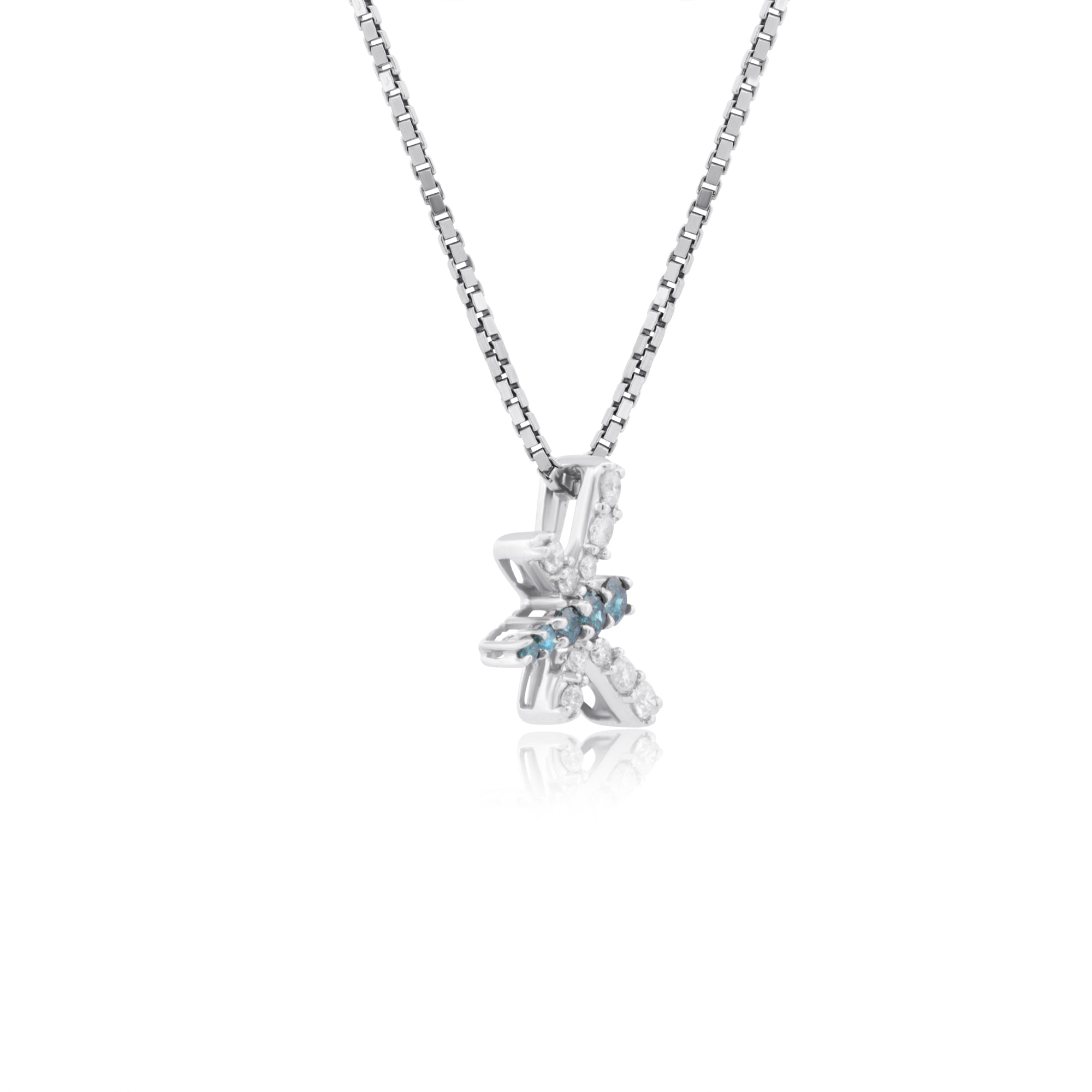 14k White Gold with .27Ctw White and Blue Diamond Beautiful Dragonfly Necklace