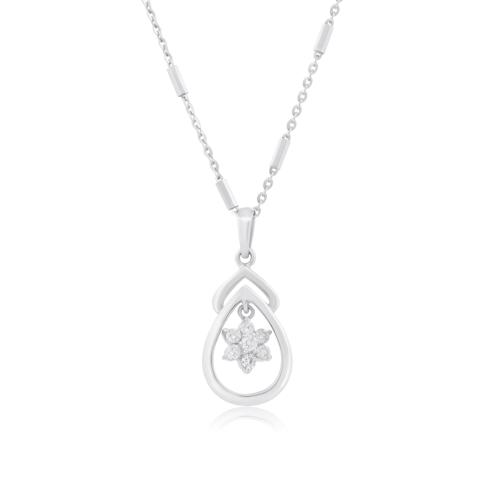 14k White Gold with .16Ctw White Diamond Dangling Flower Minimalist Necklace