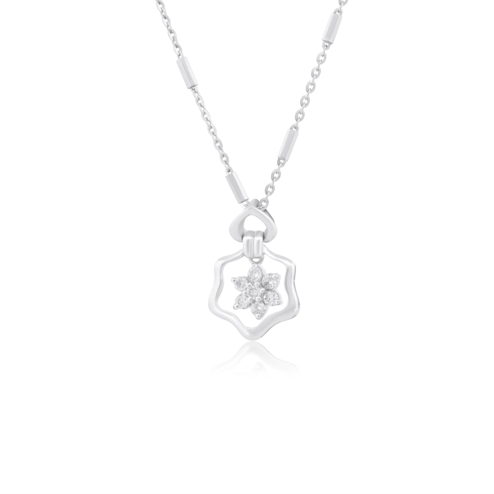 14k White Gold with 0.16Ctw White Diamond Flower Dangle Necklace