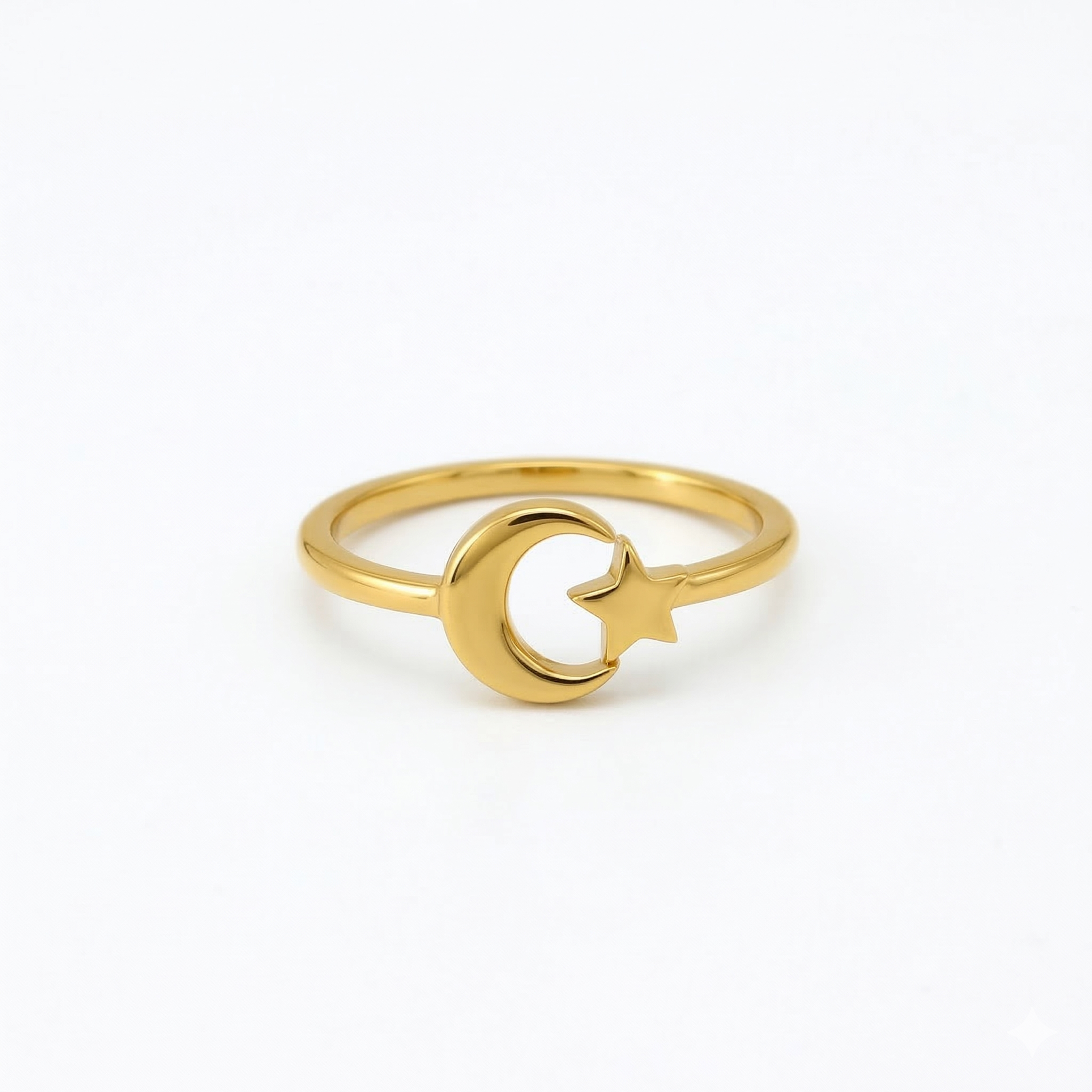Minimalist Solid Gold Dainty Crescent Moon & Star Gold Stacking Band Ring