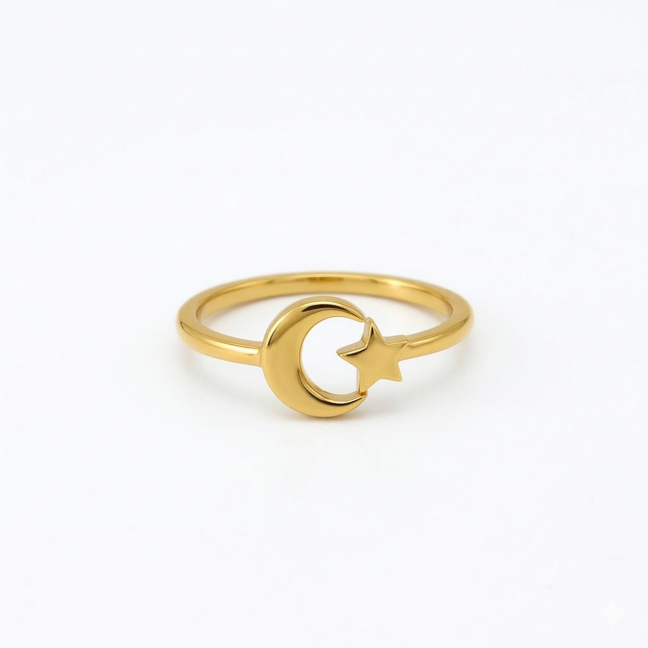 Minimalist Solid Gold Dainty Crescent Moon & Star Gold Stacking Band Ring