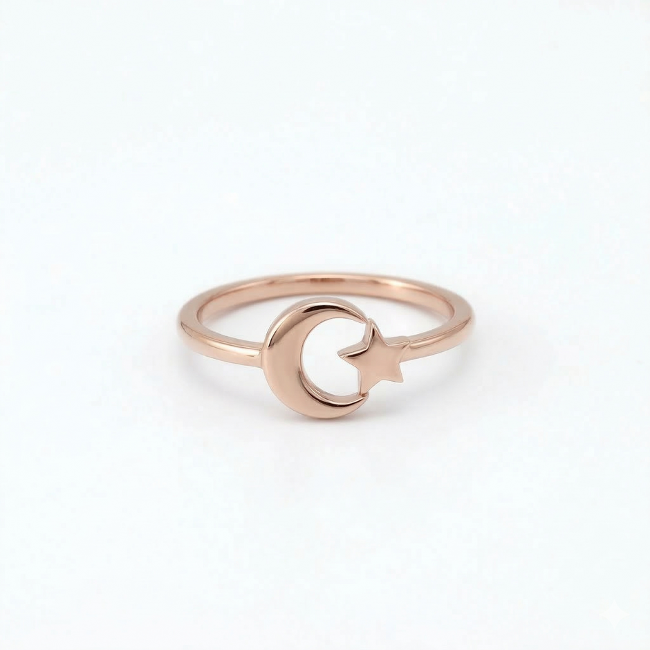 Minimalist Solid Gold Dainty Crescent Moon & Star Gold Stacking Band Ring
