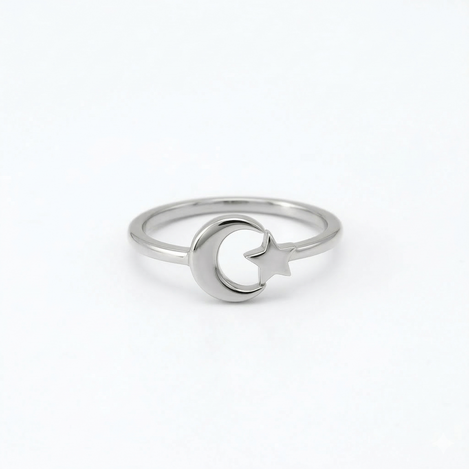 Minimalist Solid Gold Dainty Crescent Moon & Star Gold Stacking Band Ring