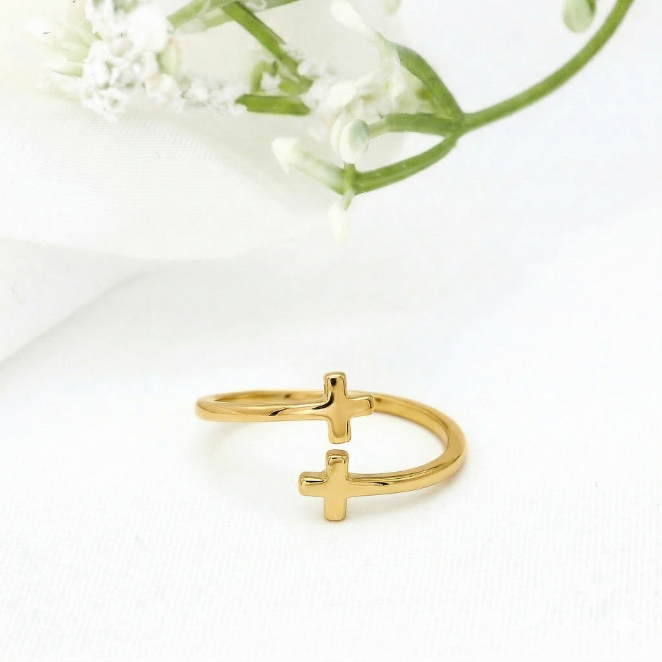 Minimalist Solid Gold Dainty Open Cross Ring
