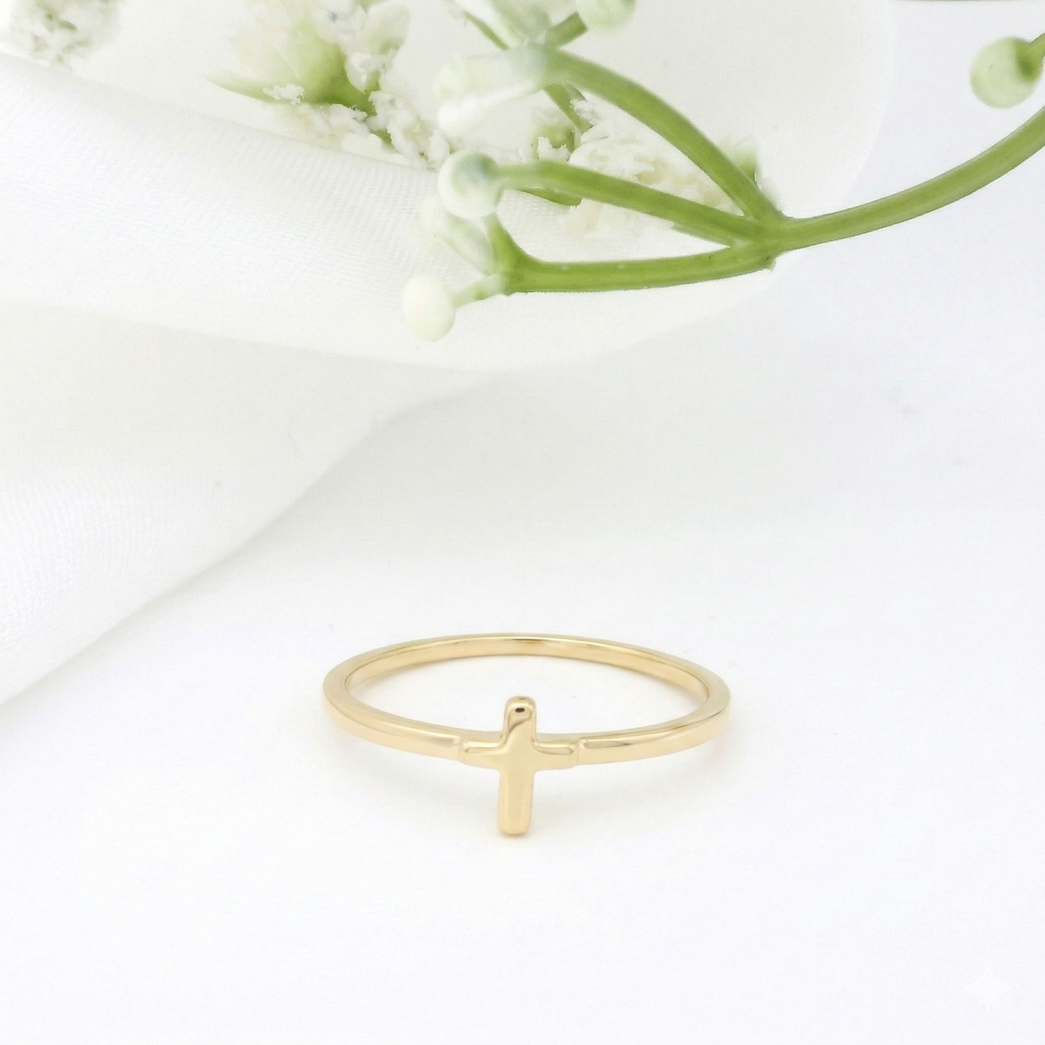 Minimalist Solid Gold Dainty Cross Christian Faith Ring