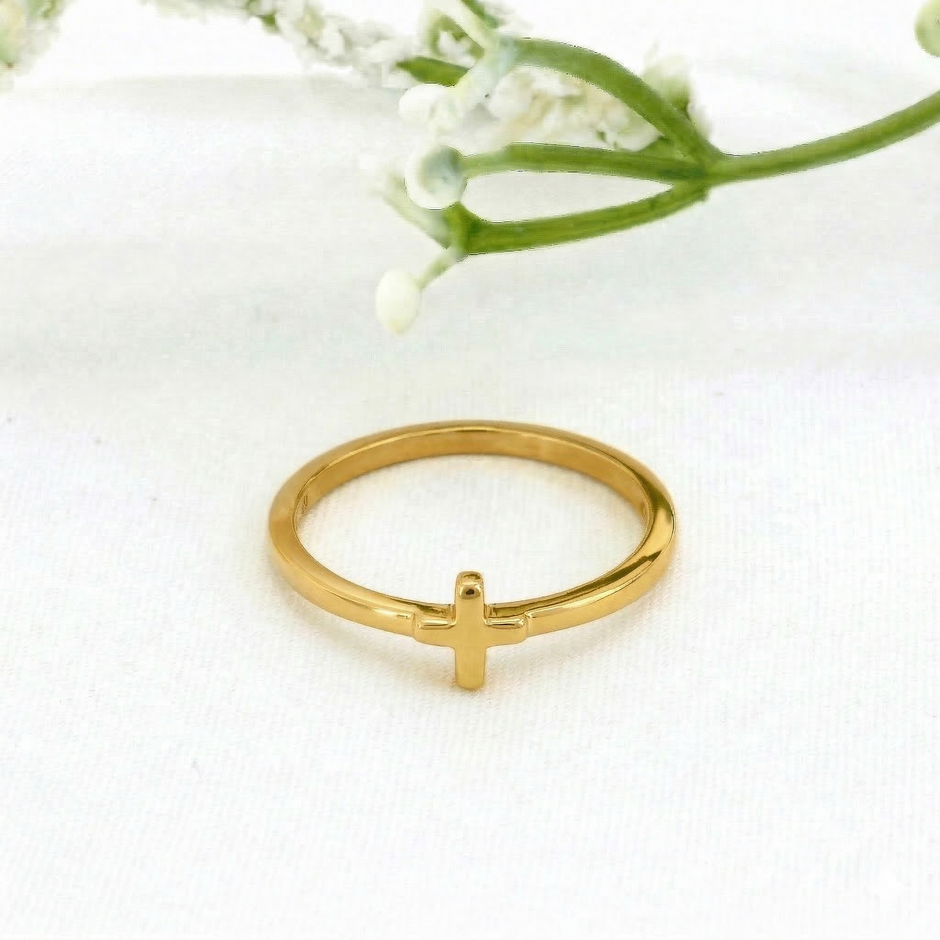 Minimalist Solid Gold Dainty Cross Christian Faith Ring