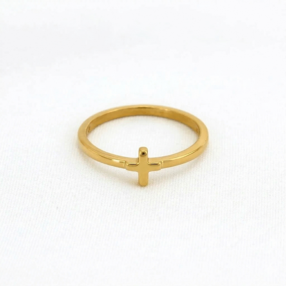 Minimalist Solid Gold Dainty Cross Christian Faith Ring
