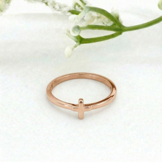 Minimalist Solid Gold Dainty Cross Christian Faith Ring