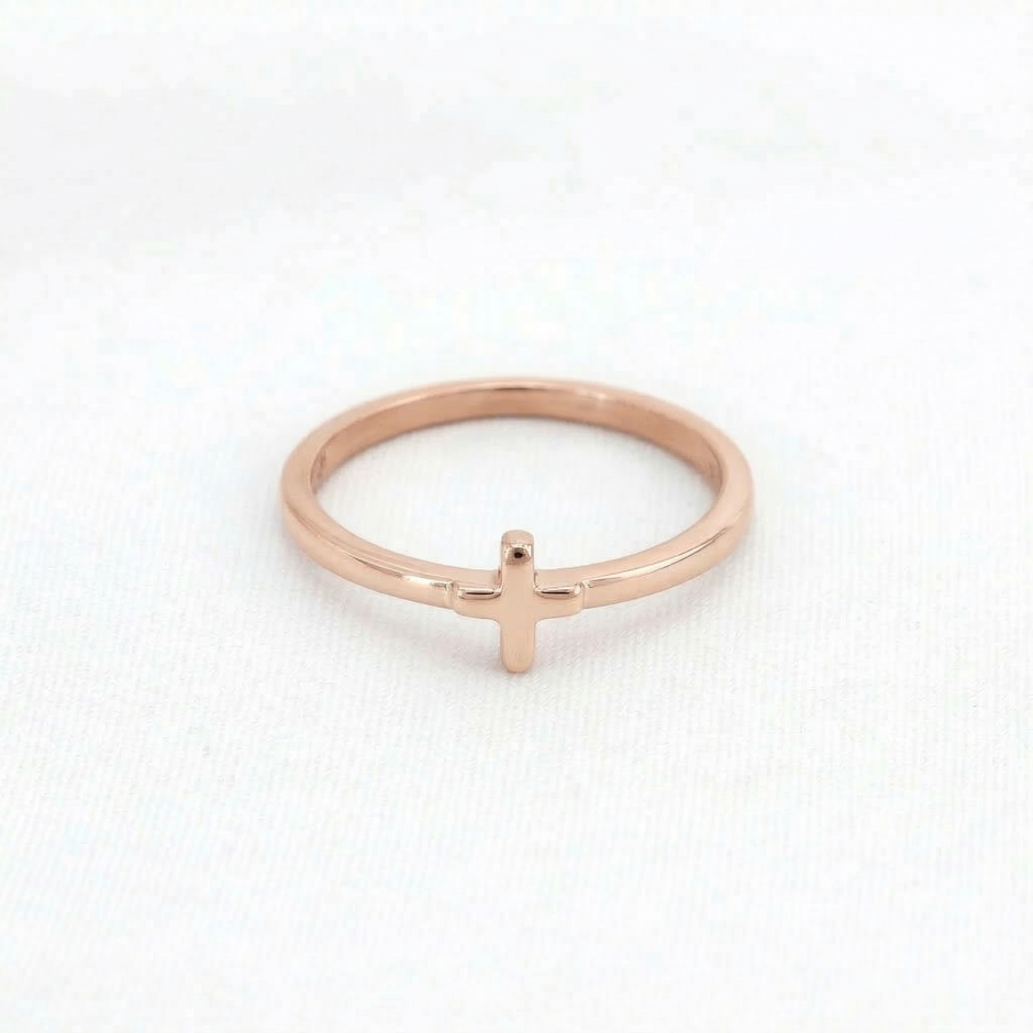 Minimalist Solid Gold Dainty Cross Christian Faith Ring