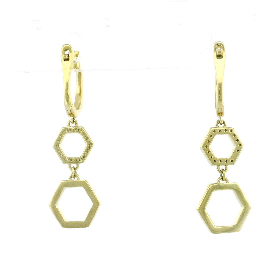 10k Yellow Gold Hexagon Frame Diamond Hoop Earrings