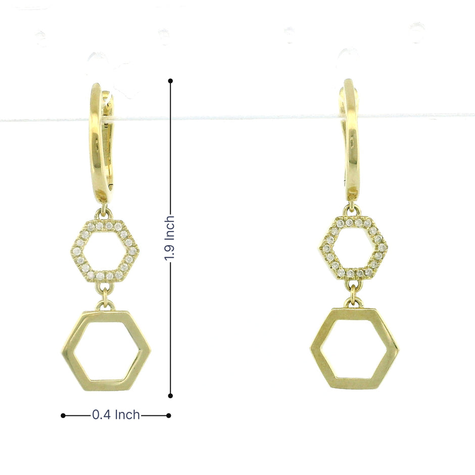 10k Yellow Gold Hexagon Frame Diamond Hoop Earrings