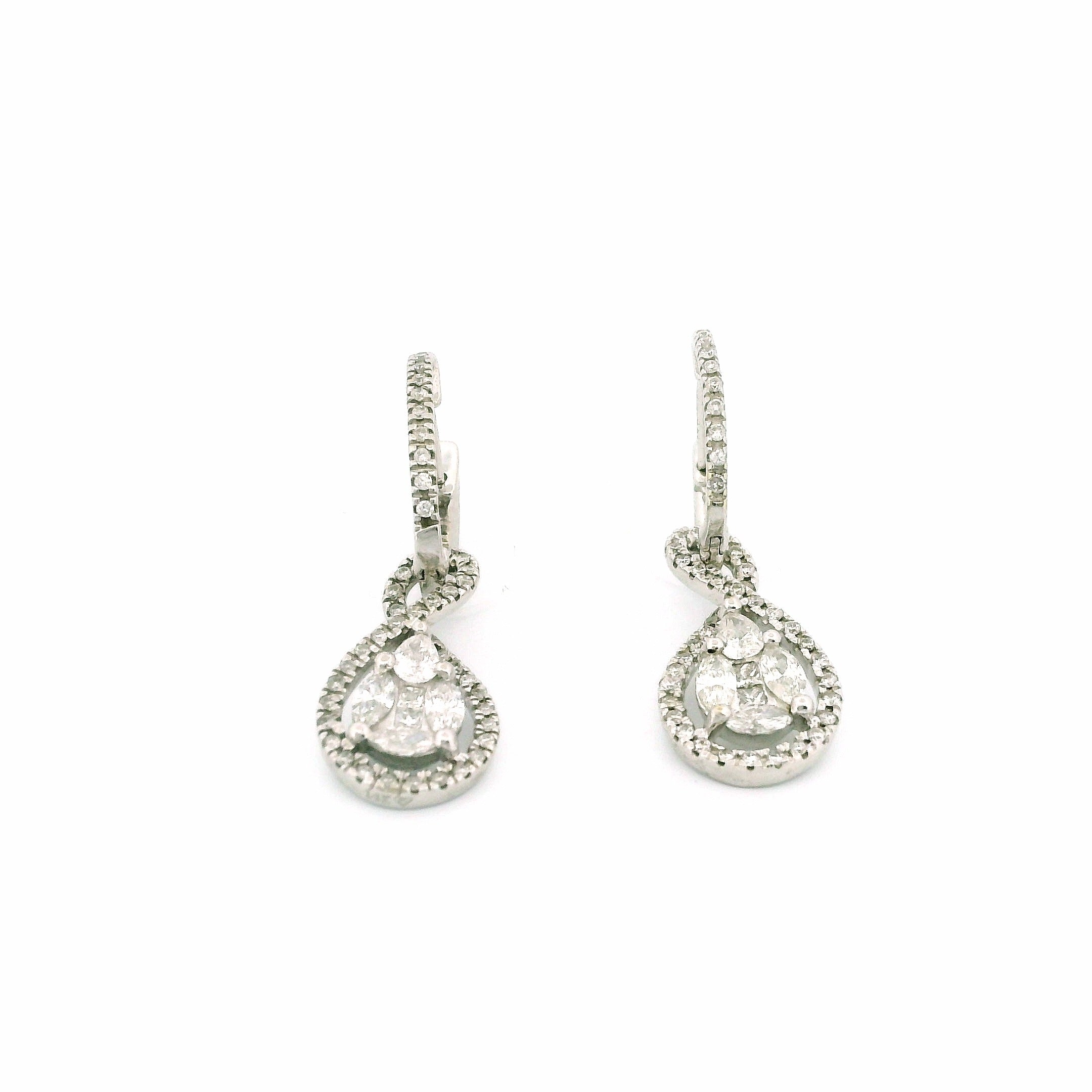 14k White Gold Diamond Hoop Earrings with Oval Swirl Dangle