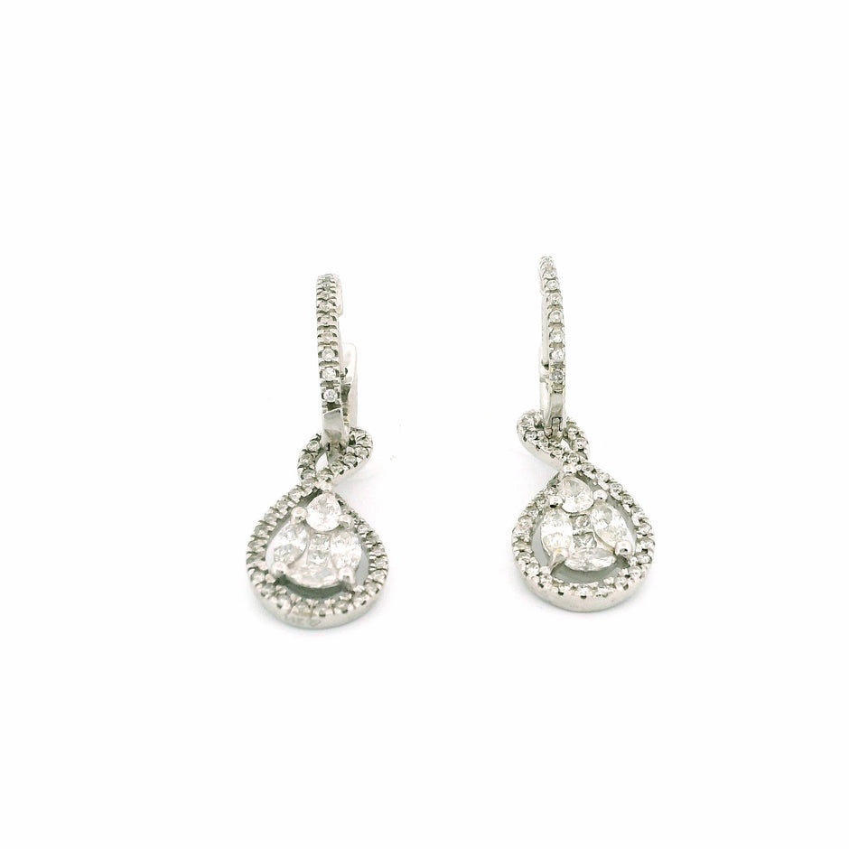 14k White Gold Diamond Hoop Earrings with Oval Swirl Dangle