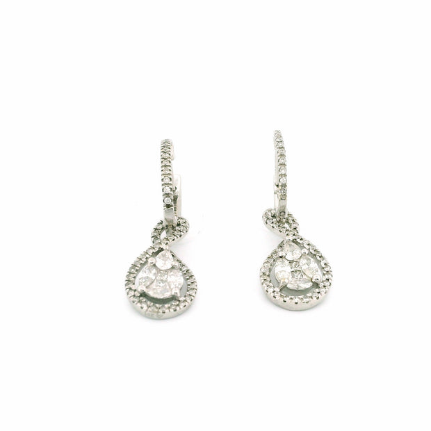 14k White Gold Diamond Hoop Earrings with Oval Swirl Dangle