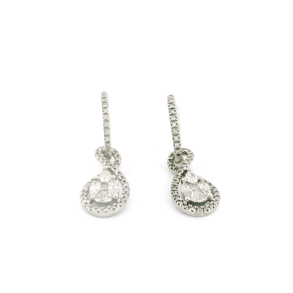 14k White Gold Diamond Hoop Earrings with Oval Swirl Dangle