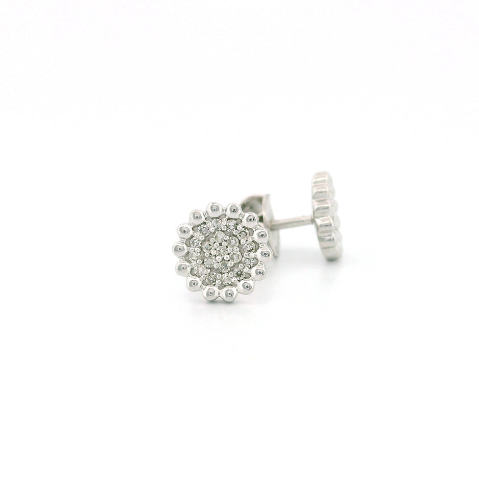 14k Gold Diamond Stud Earrings, Round Shape with Dotted Flower Edge