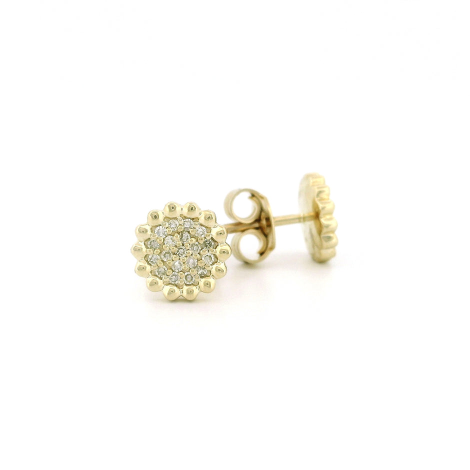 14k Gold Diamond Stud Earrings, Round Shape with Dotted Flower Edge
