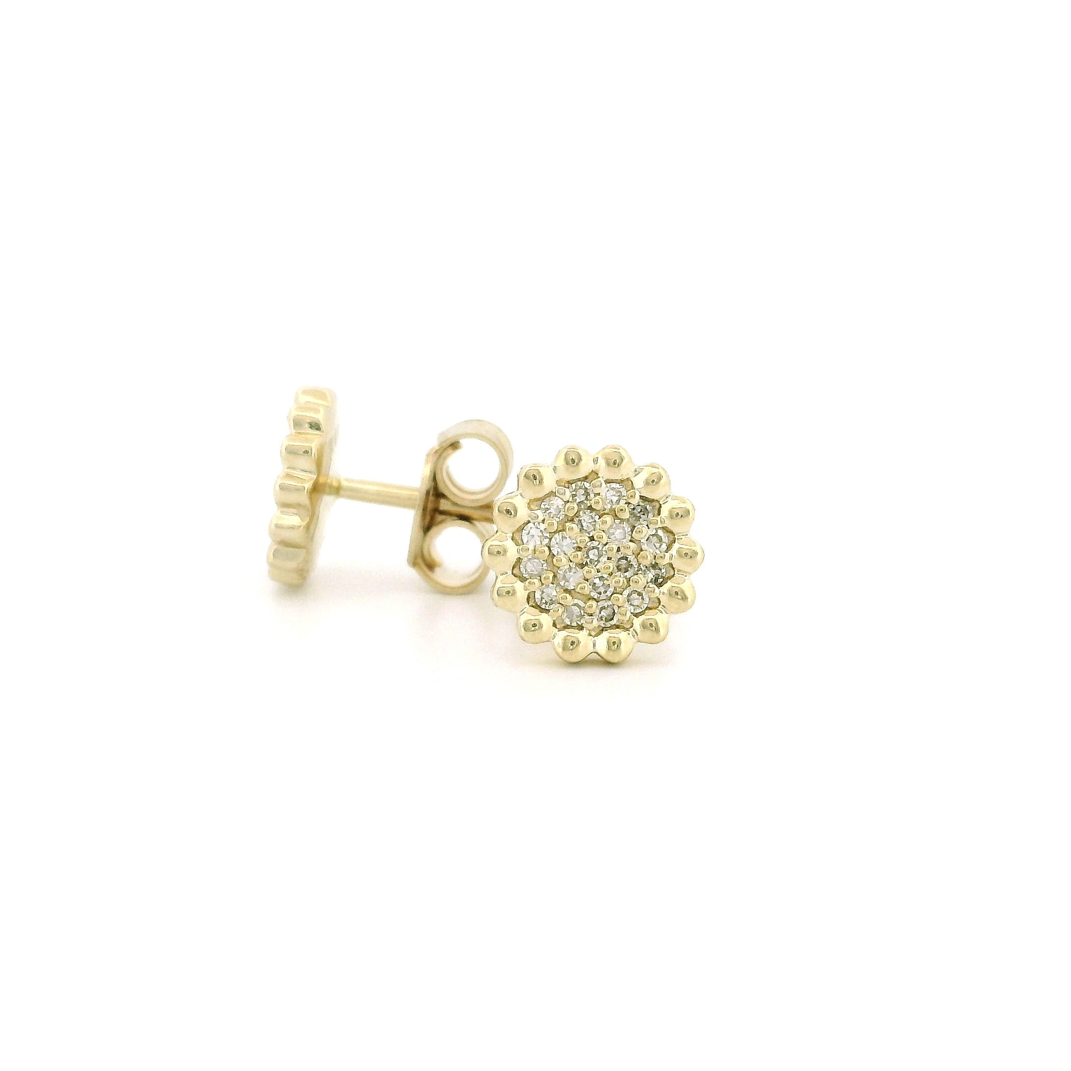 14k Gold Diamond Stud Earrings, Round Shape with Dotted Flower Edge