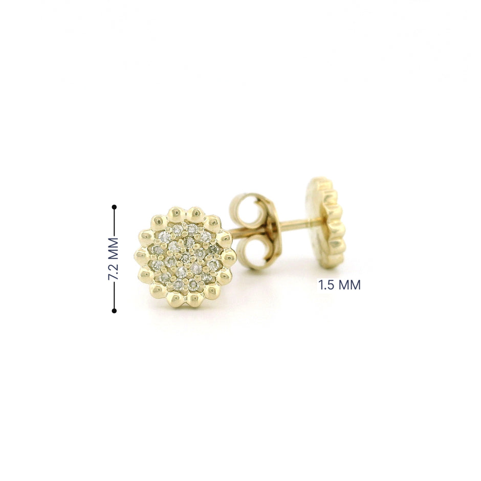 14k Gold Diamond Stud Earrings, Round Shape with Dotted Flower Edge