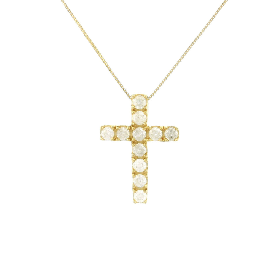 14k Gold Tiny Cross Diamond Necklace, Prong Setting