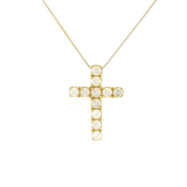 14k Gold Tiny Cross Diamond Necklace, Prong Setting