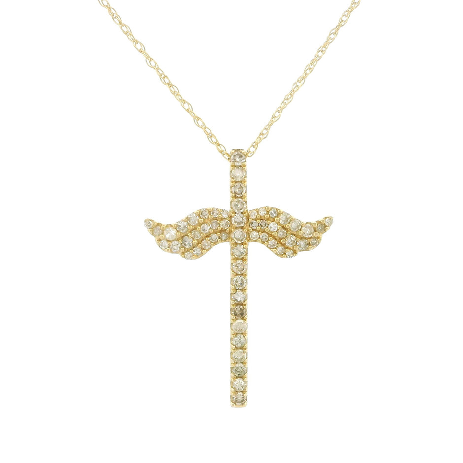 14k Yellow Gold Cross Necklace, Angel Wings Charm