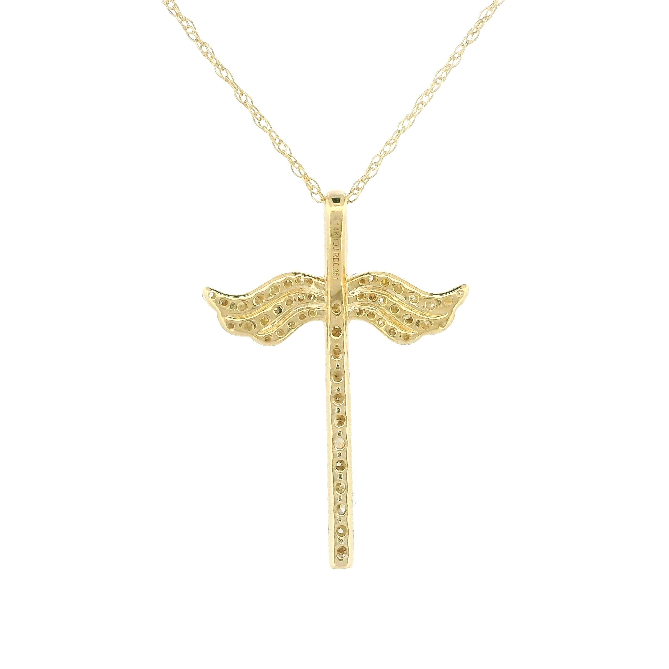 14k Yellow Gold Cross Necklace, Angel Wings Charm