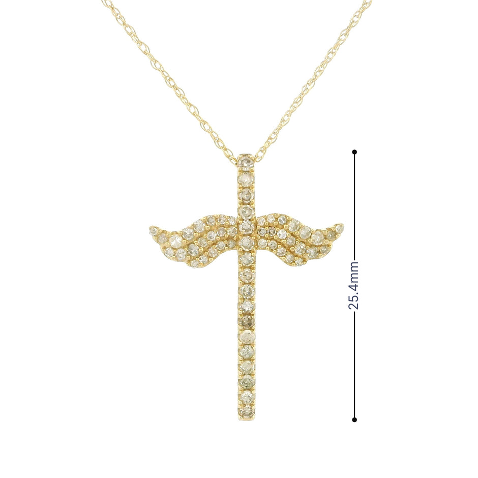 14k Yellow Gold Cross Necklace, Angel Wings Charm