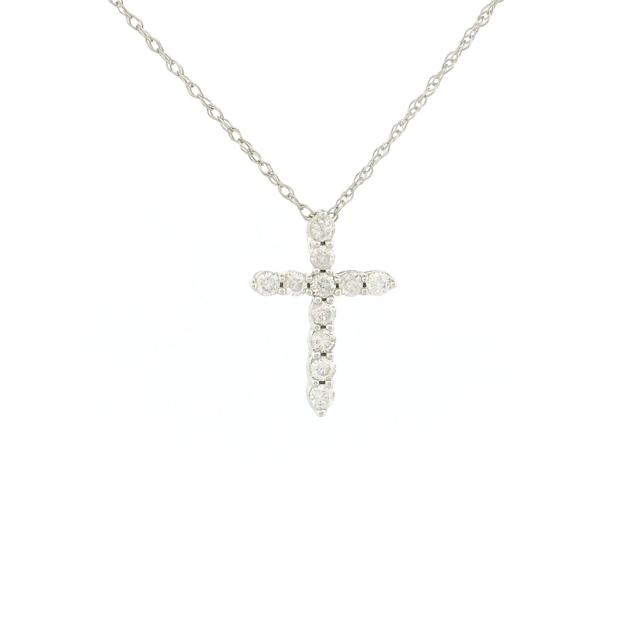 14k Gold Tiny Cross Diamond Necklace, Prong Setting