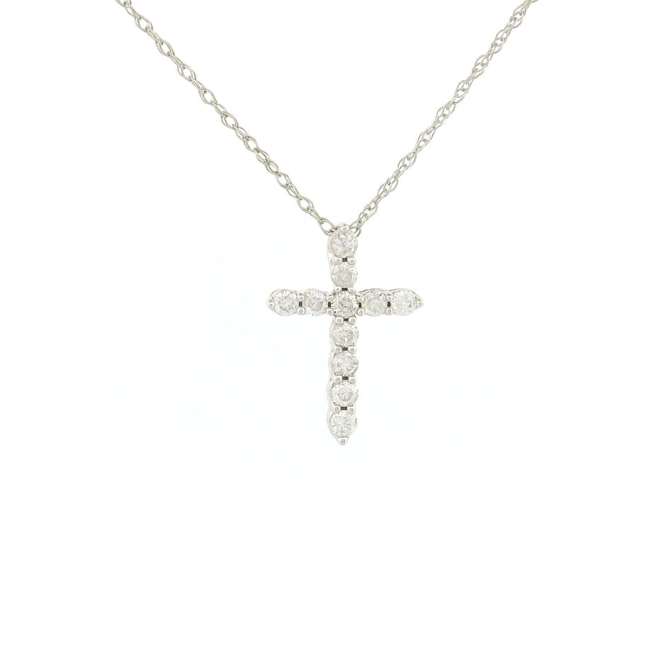14k Gold Tiny Cross Diamond Necklace, Prong Setting