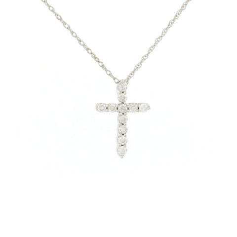 14k Gold Tiny Cross Diamond Necklace, Prong Setting