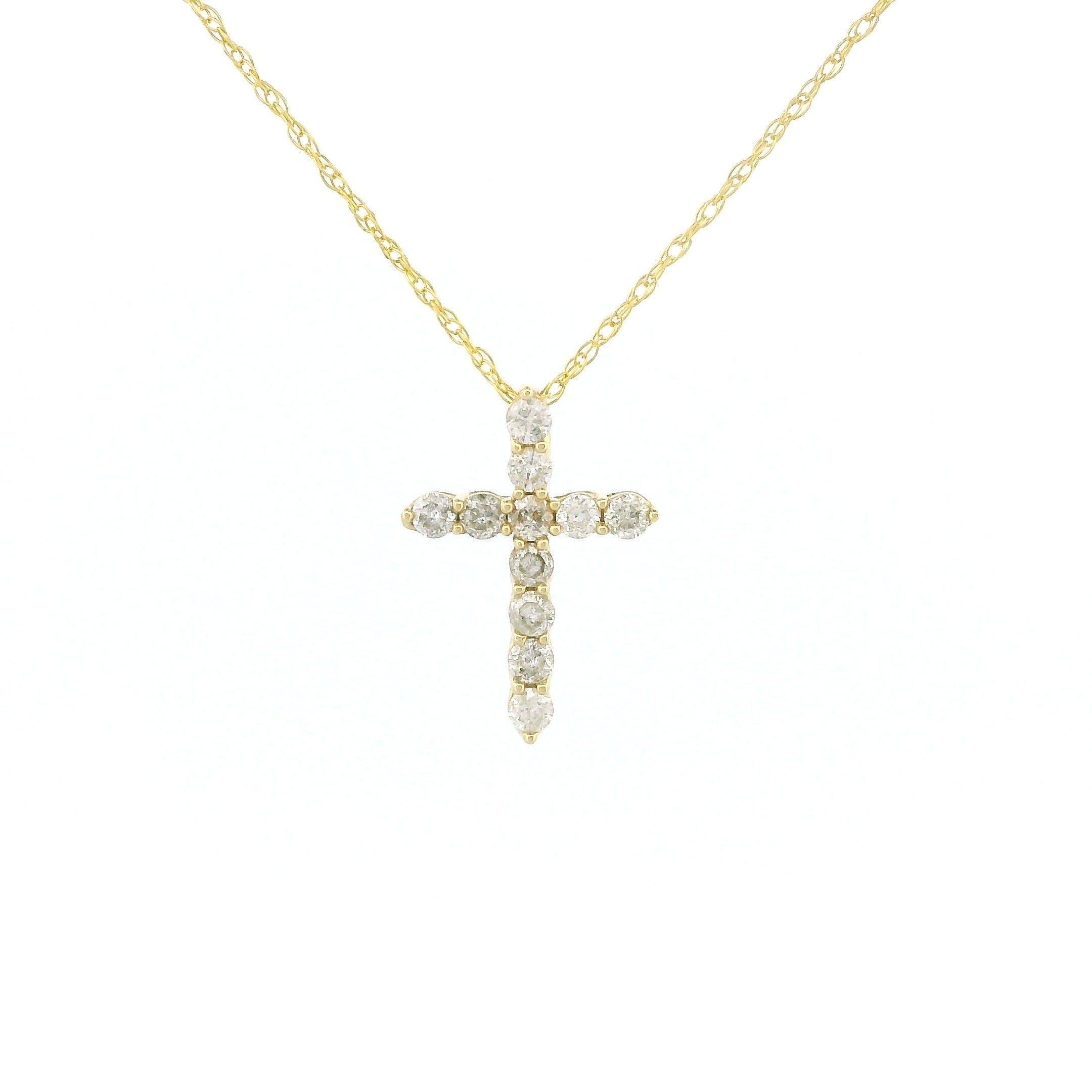 14k Gold Tiny Cross Diamond Necklace, Prong Setting