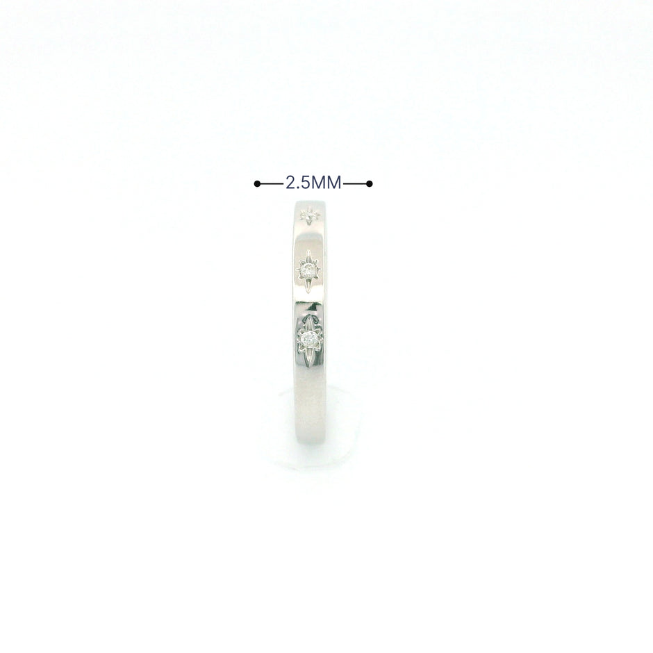 14k Gold Band Ring with Diamonds, Star Carving Design