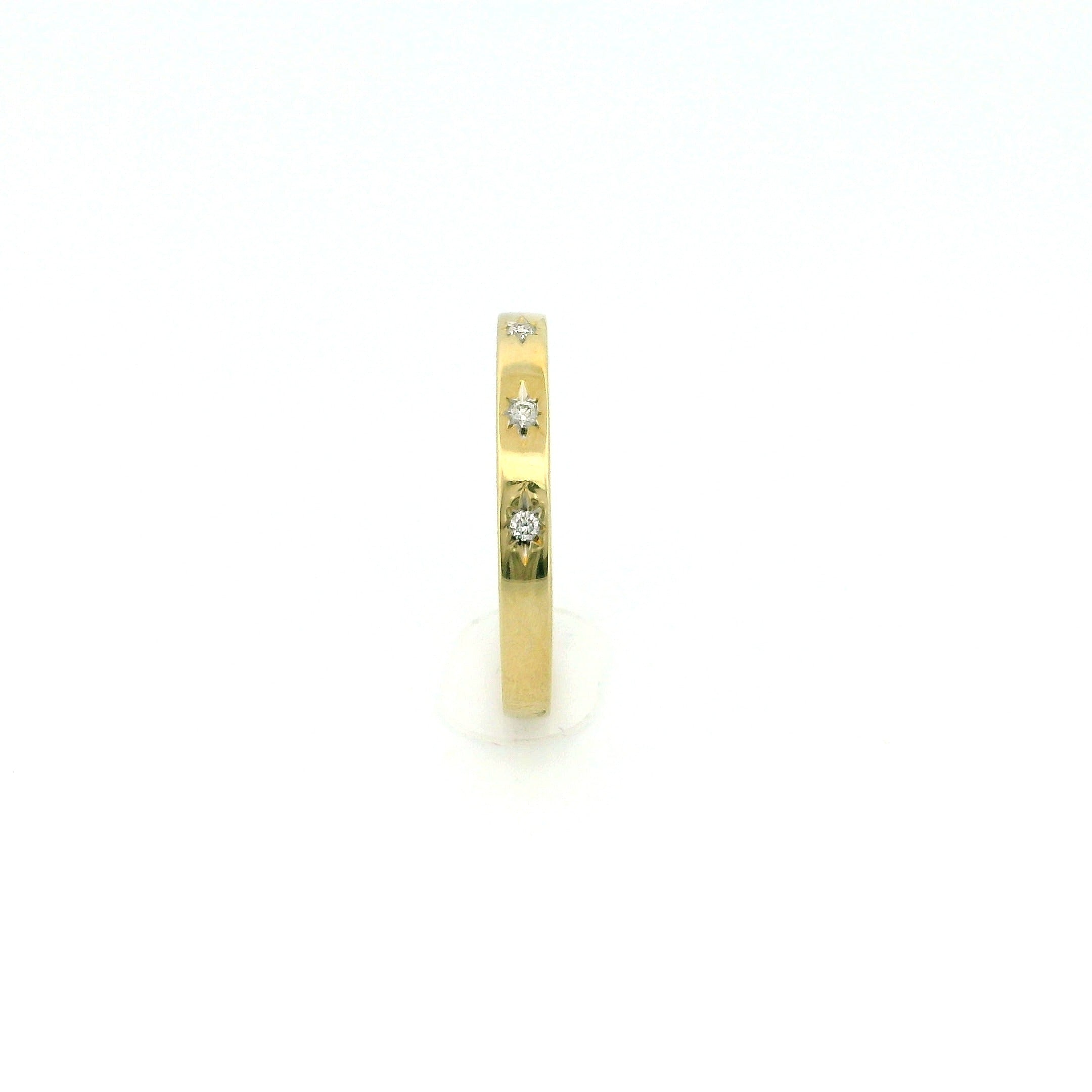 14k Gold Band Ring with Diamonds, Star Carving Design