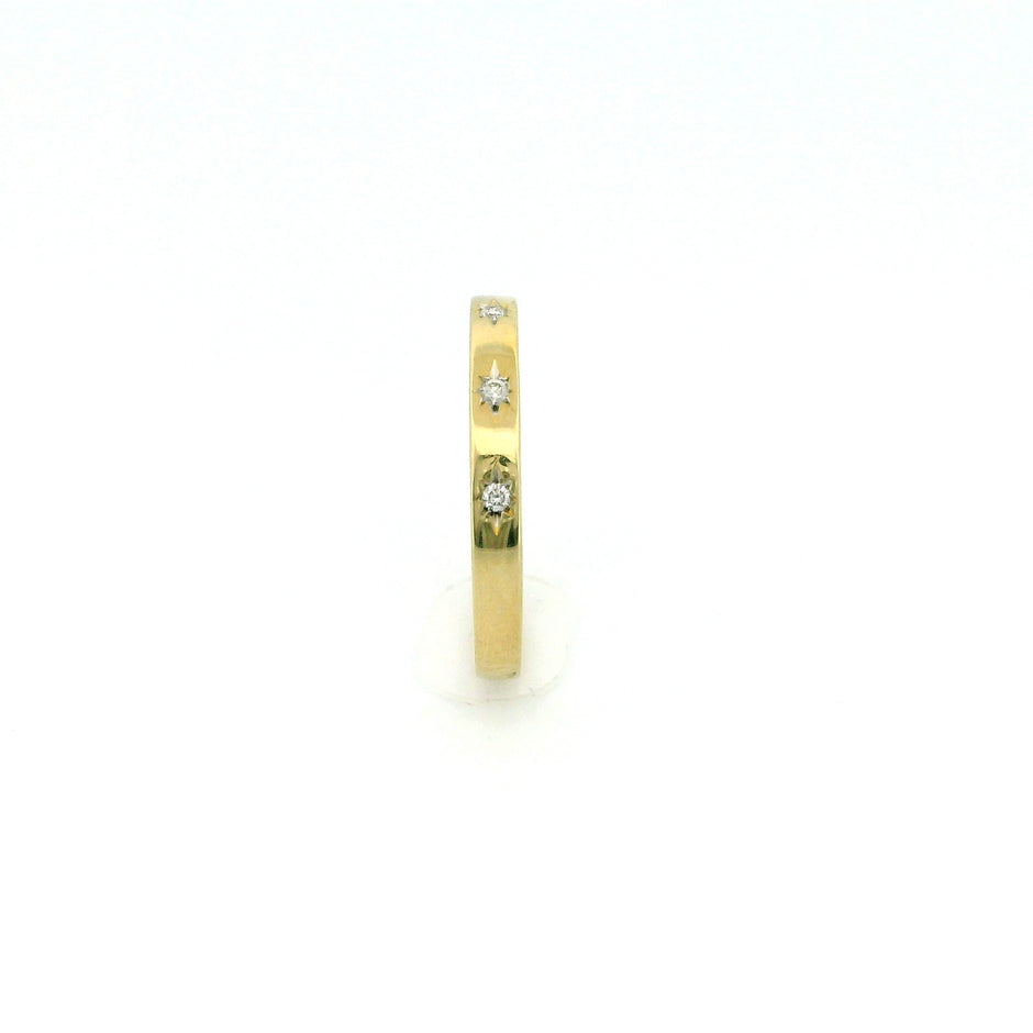 14k Gold Band Ring with Diamonds, Star Carving Design