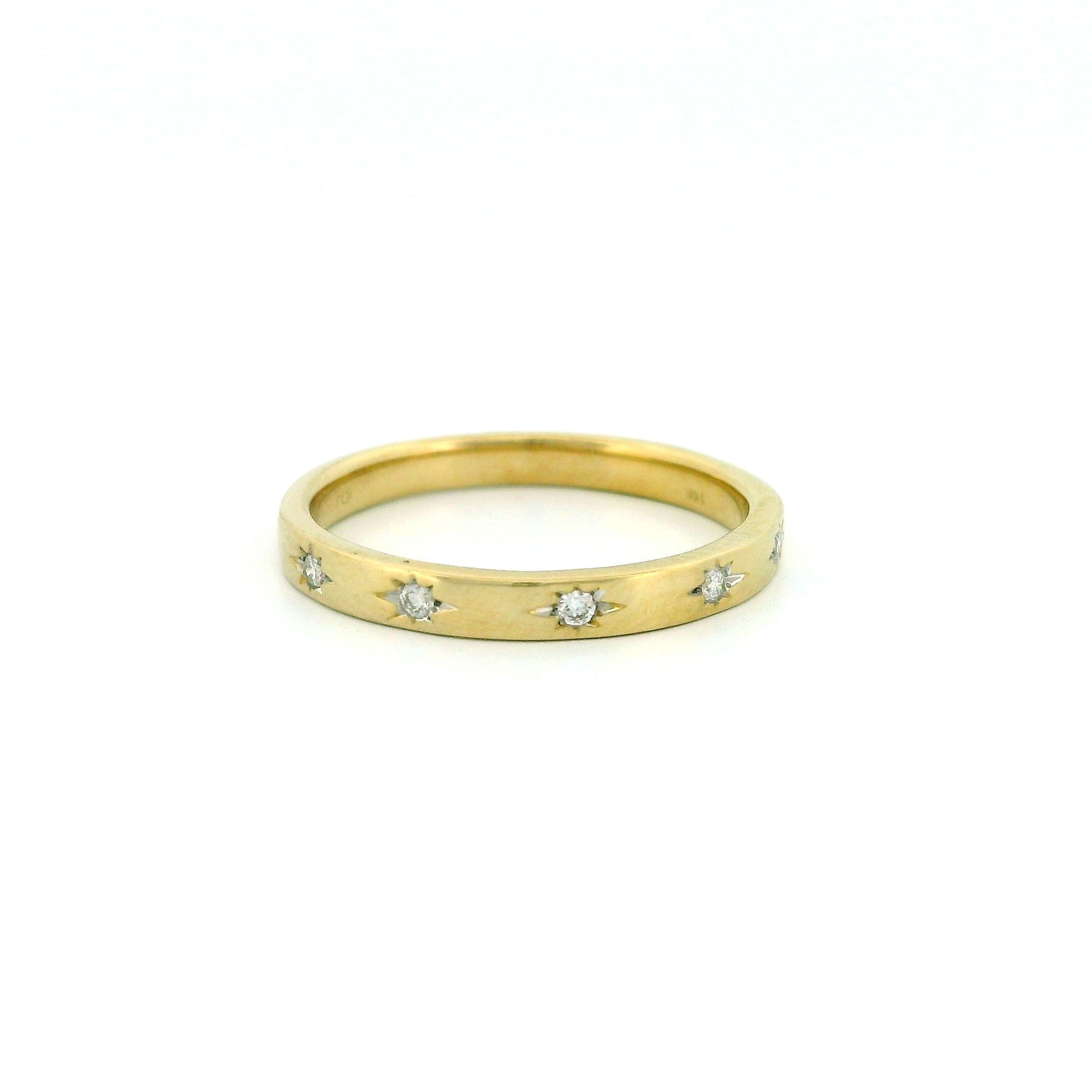 14k Gold Band Ring with Diamonds, Star Carving Design