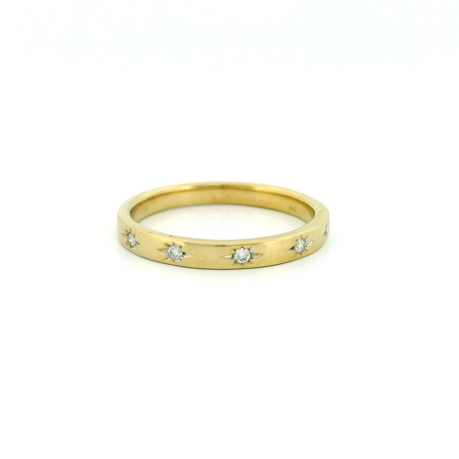14k Gold Band Ring with Diamonds, Star Carving Design