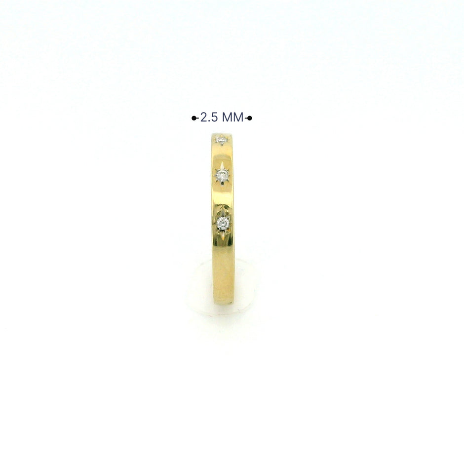 14k Gold Band Ring with Diamonds, Star Carving Design