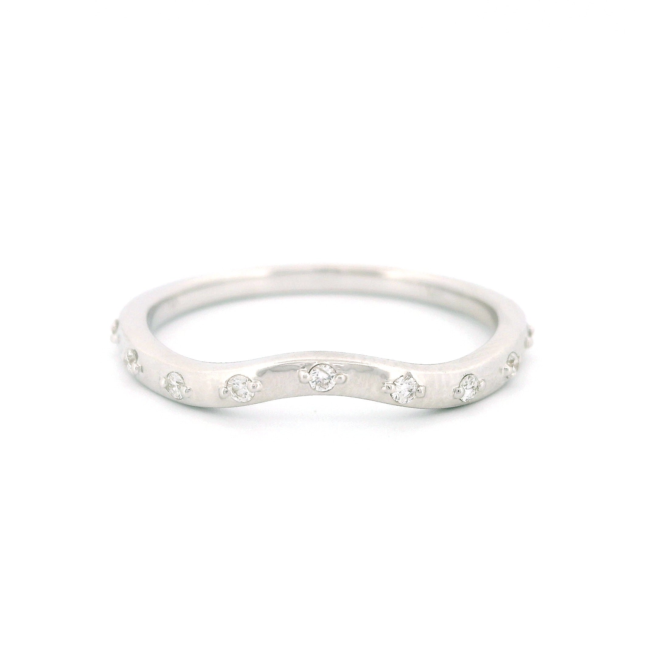 14K White Gold Curved Band Ring with 9 Diamonds