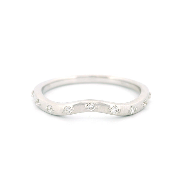 14K White Gold Curved Band Ring with 9 Diamonds