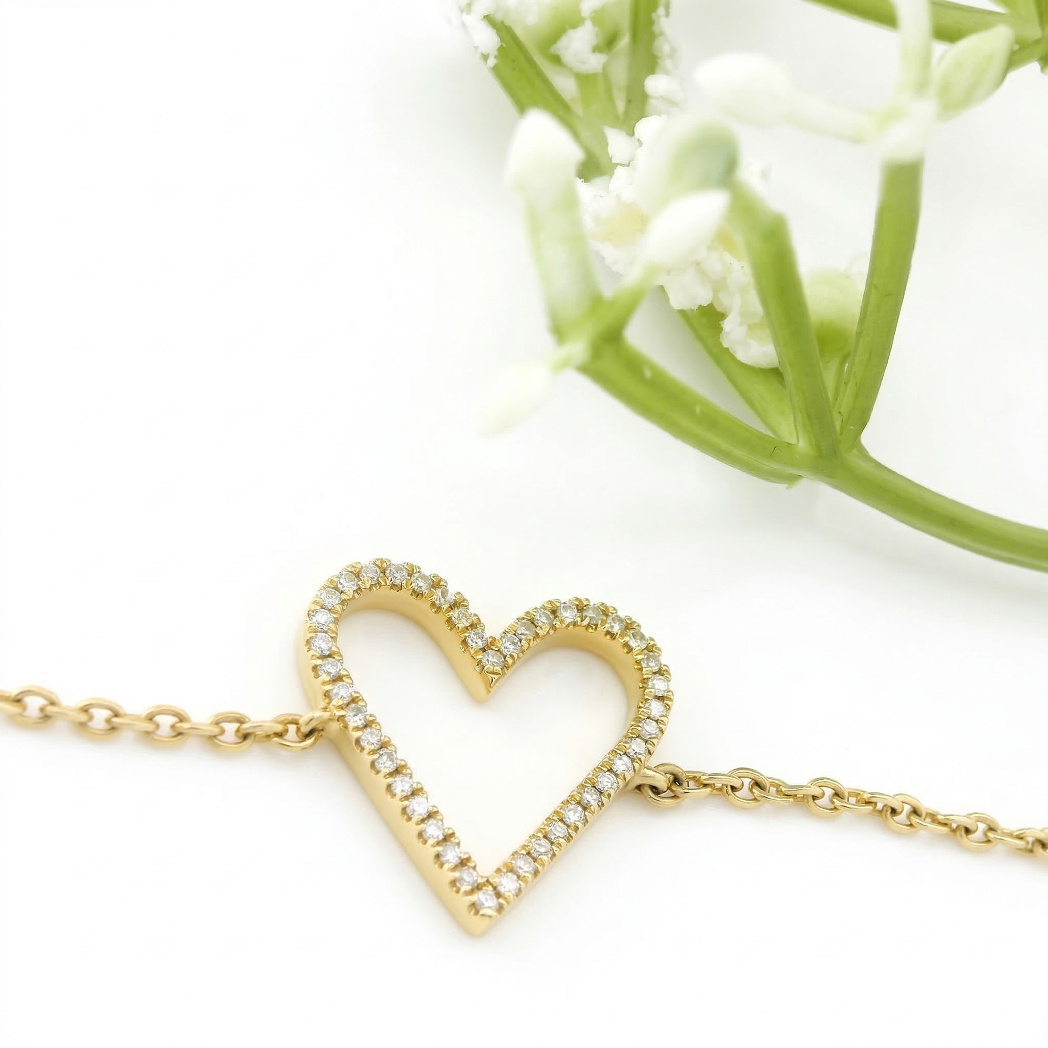 14k Yellow Gold Diamond Open Heart Bracelet
