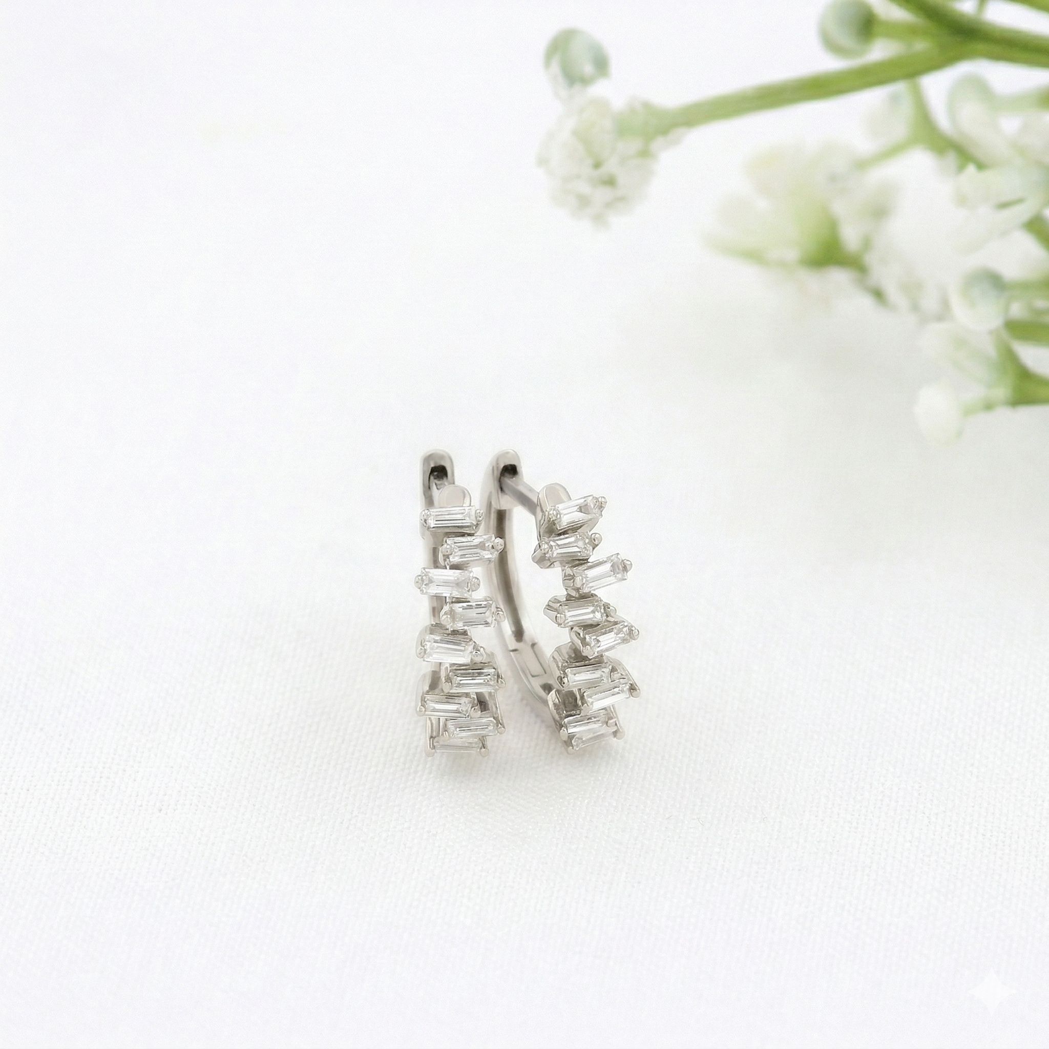14K Yellow Gold Natural Baguette Diamond Hoop Earrings | Scattered Diamond Huggies | 0.27 Ctw Real Diamond Earrings