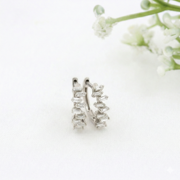 14K Yellow Gold Natural Baguette Diamond Hoop Earrings | Scattered Diamond Huggies | 0.27 Ctw Real Diamond Earrings