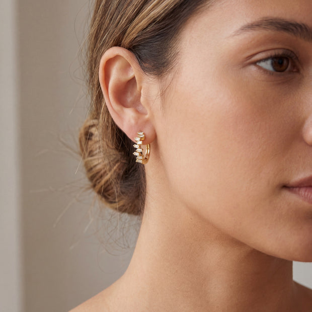 14K Yellow Gold Natural Baguette Diamond Hoop Earrings | Scattered Diamond Huggies | 0.27 Ctw Real Diamond Earrings