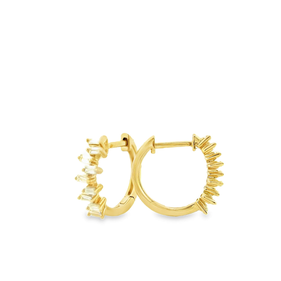 14K Yellow Gold Natural Baguette Diamond Hoop Earrings | Scattered Diamond Huggies | 0.27 Ctw Real Diamond Earrings