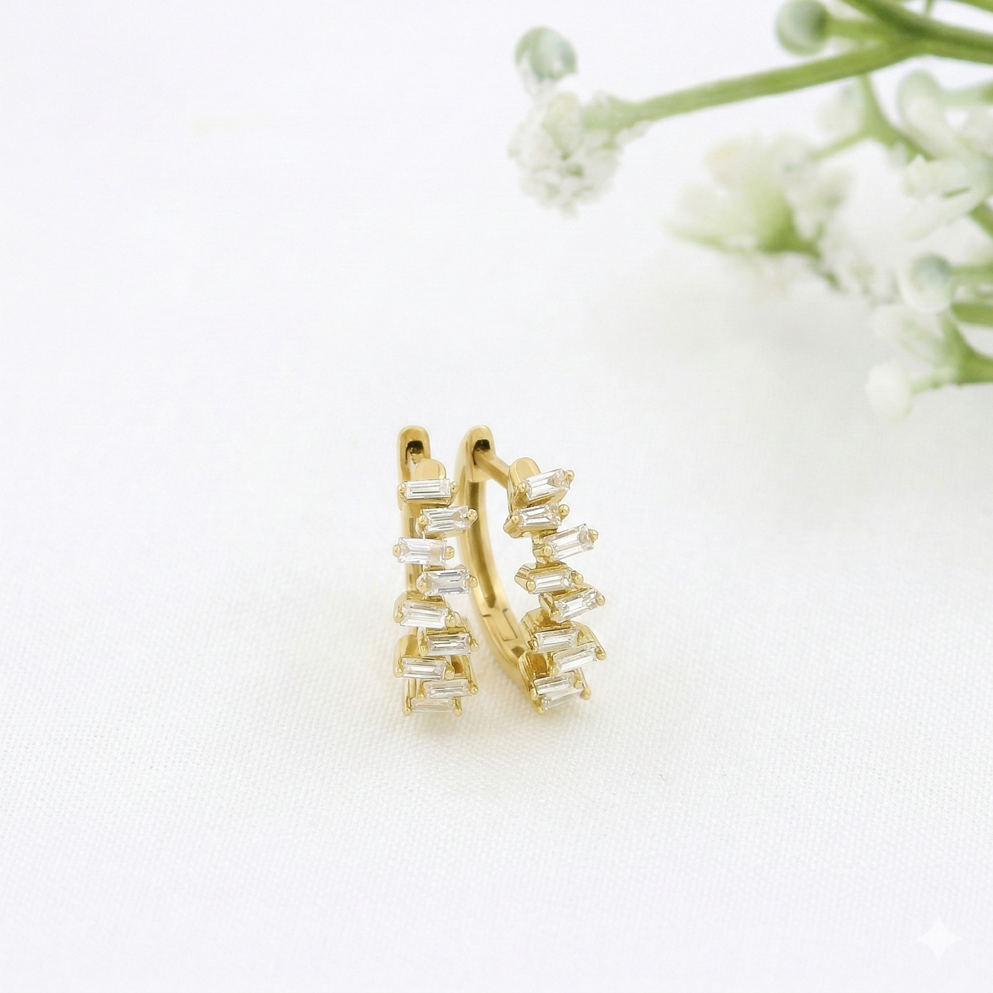14K Yellow Gold Natural Baguette Diamond Hoop Earrings | Scattered Diamond Huggies | 0.27 Ctw Real Diamond Earrings
