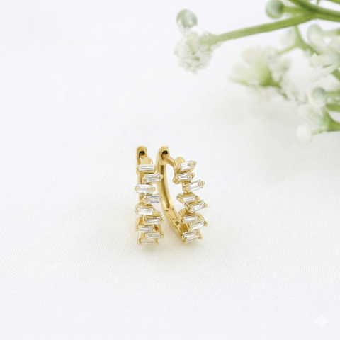 14K Yellow Gold Natural Baguette Diamond Hoop Earrings | Scattered Diamond Huggies | 0.27 Ctw Real Diamond Earrings