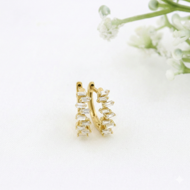 14K Yellow Gold Natural Baguette Diamond Hoop Earrings | Scattered Diamond Huggies | 0.27 Ctw Real Diamond Earrings