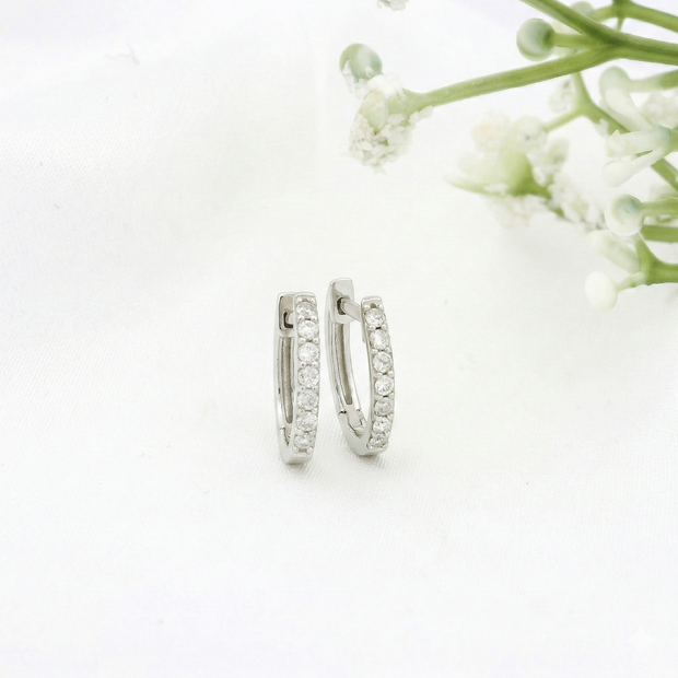 14k White Gold with .19Ctw Natural White Pave Diamond Huggie Earrings