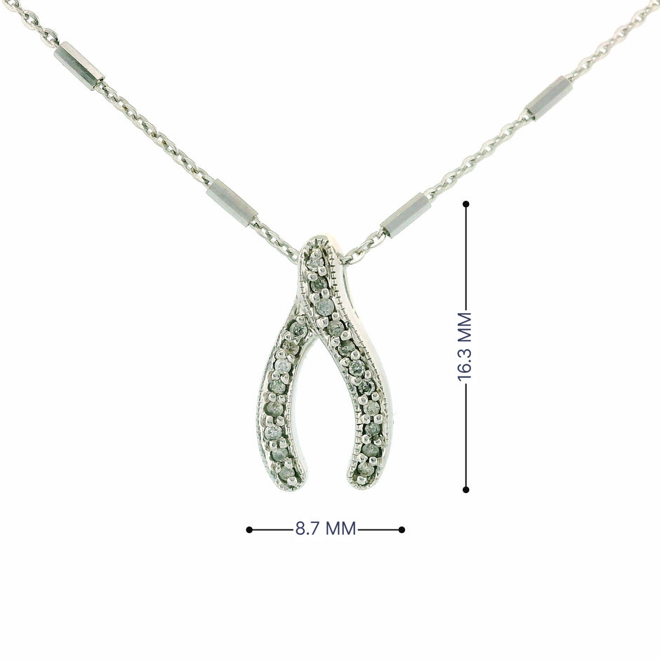 14k White Gold Wishbone Charm Necklace, Station Bar Chain